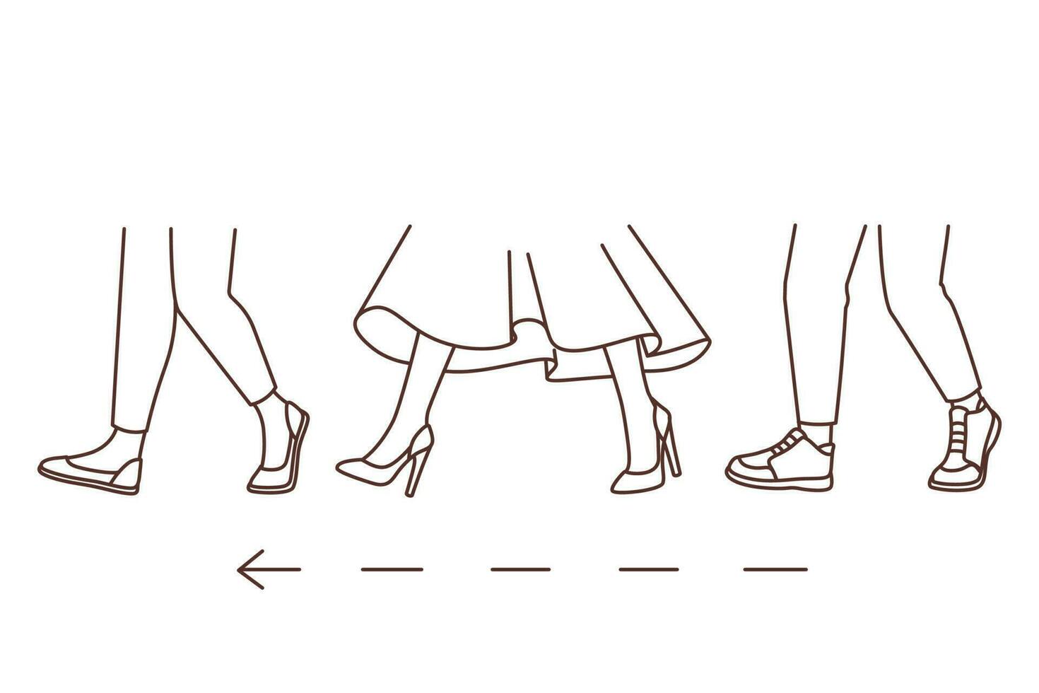 personas piernas caminando en uno dirección. hombres y mujer pies pisar a destino punto juntos. vector ilustración.