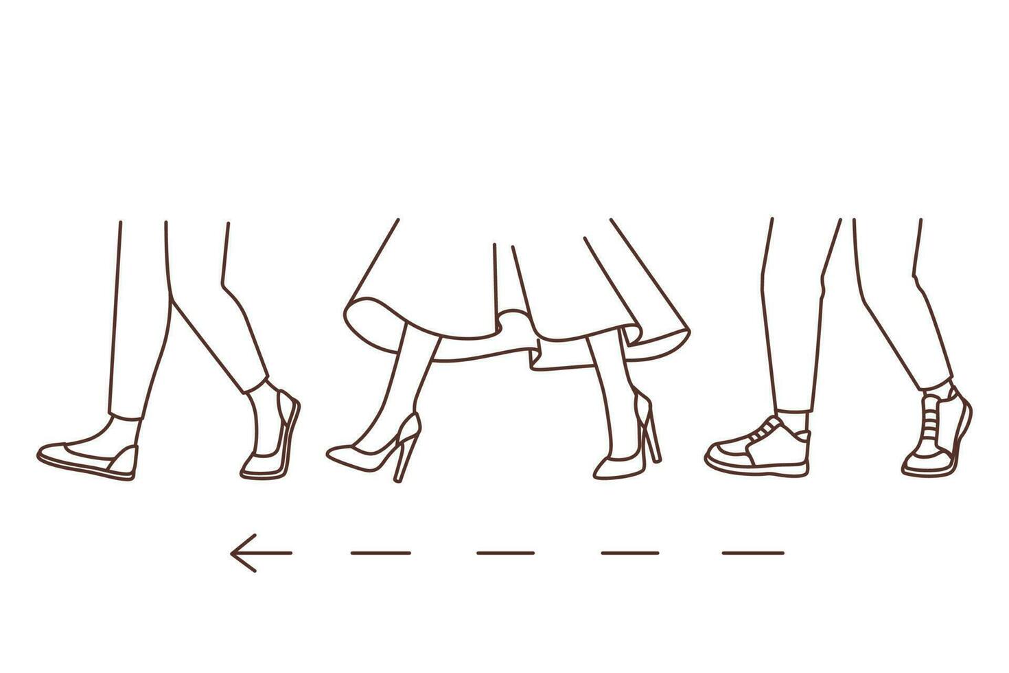 People legs walking in one direction. Men and women feet stepping to destination point together. Vector illustration.