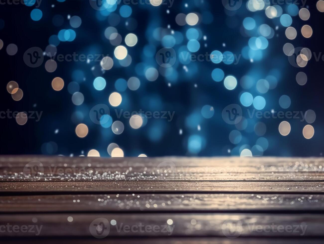 Winter snowy stage background with wooden flooring and Christmas lights on blue background, banner format, copy space. photo