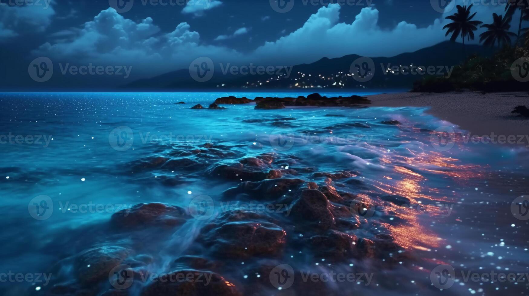 Ocean shore at night, the water is full of dinoflagellates, glowing with millions bright blue neon glow in the dark tiny dots. photo