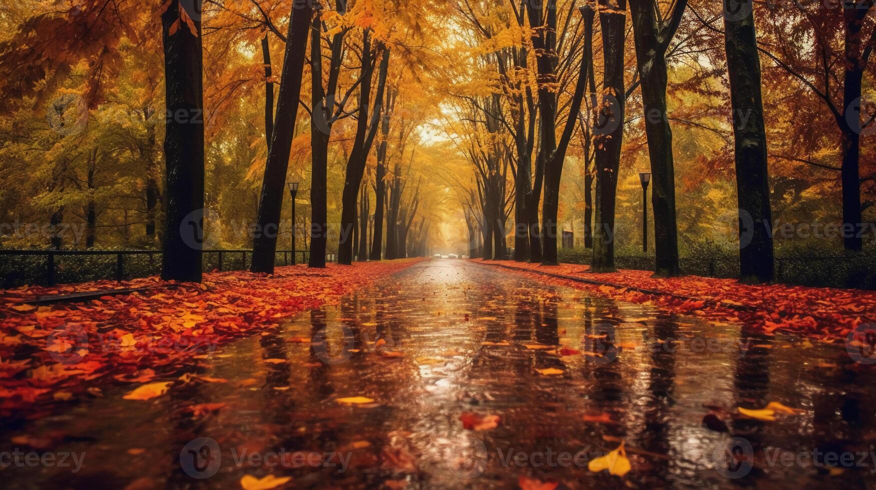 a beautiful long road in autumn season is lined with trees bearing colorful leaves. photo