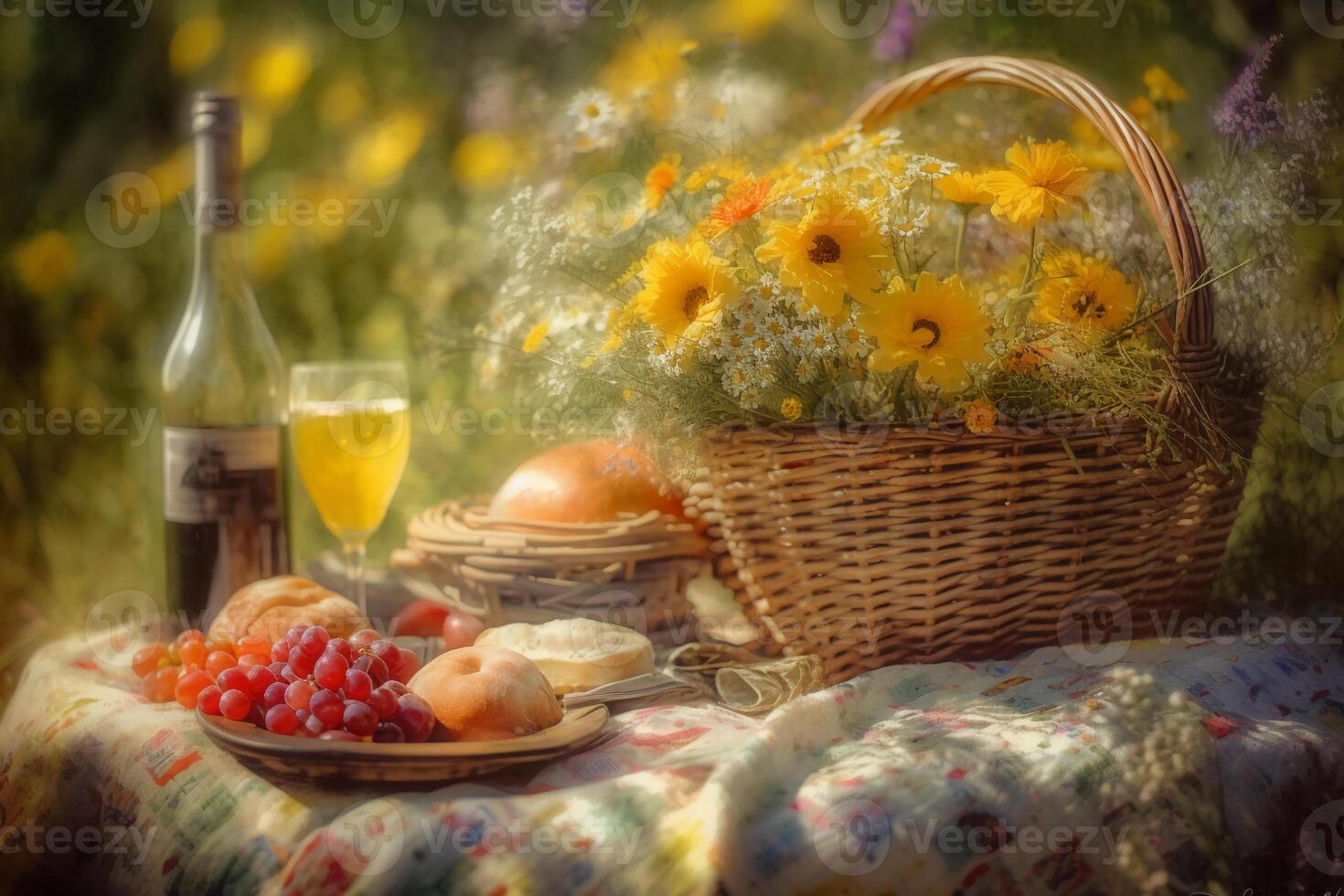 featuring a basket of fresh fruit and bread, a bottle of wine, and a bouquet of wildflowers. photo