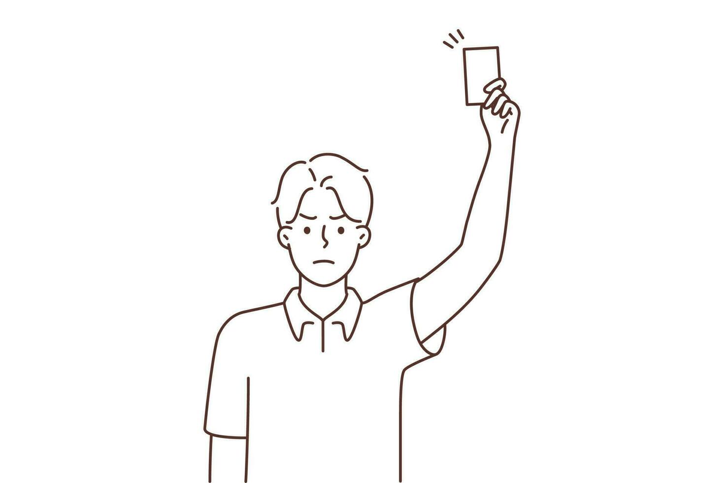 Angry young male referee showing red card at football field. Mad man judge make warning during game. Vector illustration.