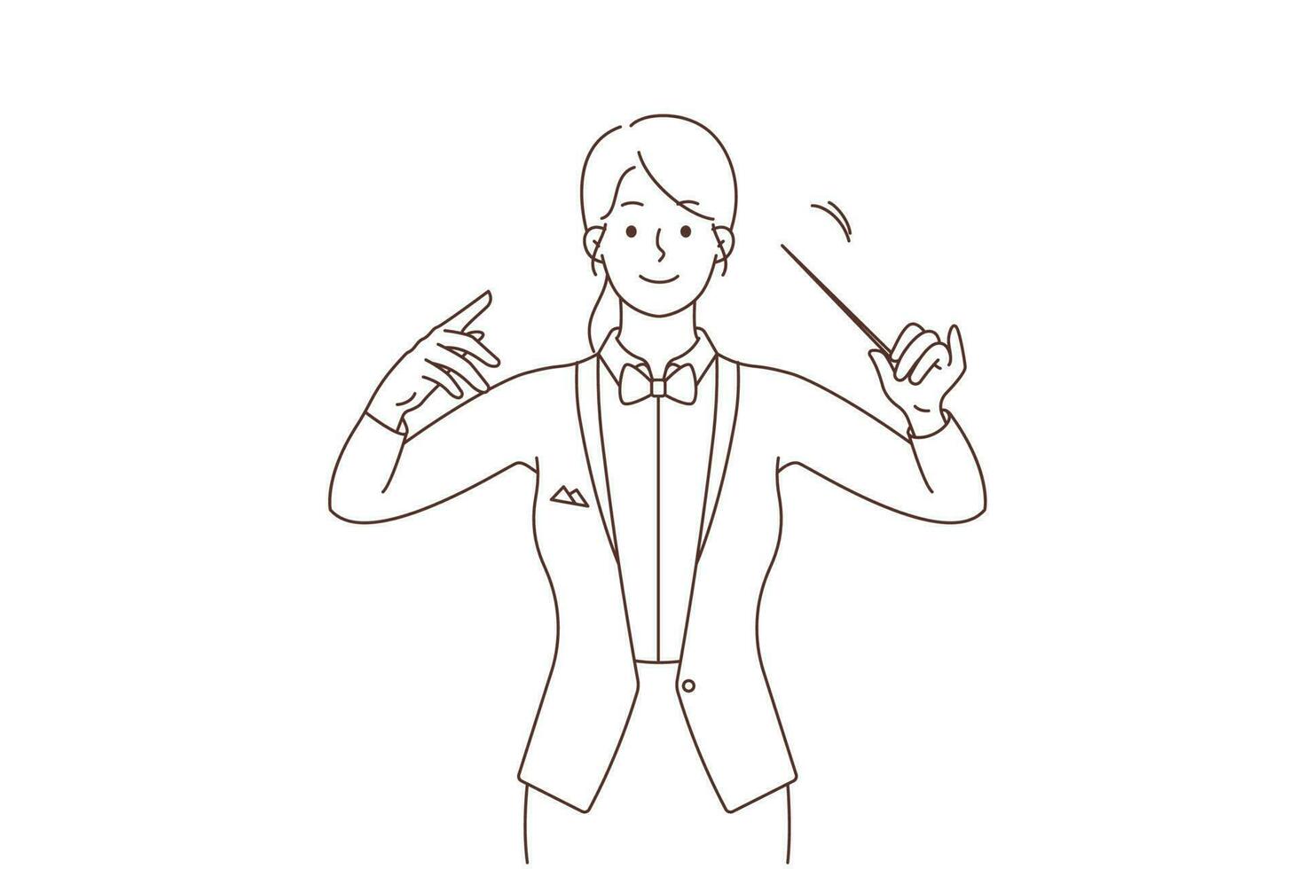 Female conductor with baton in hands working with orchestra. Woman conducting orchestral or choral concert. Occupation concept. Vector illustration.