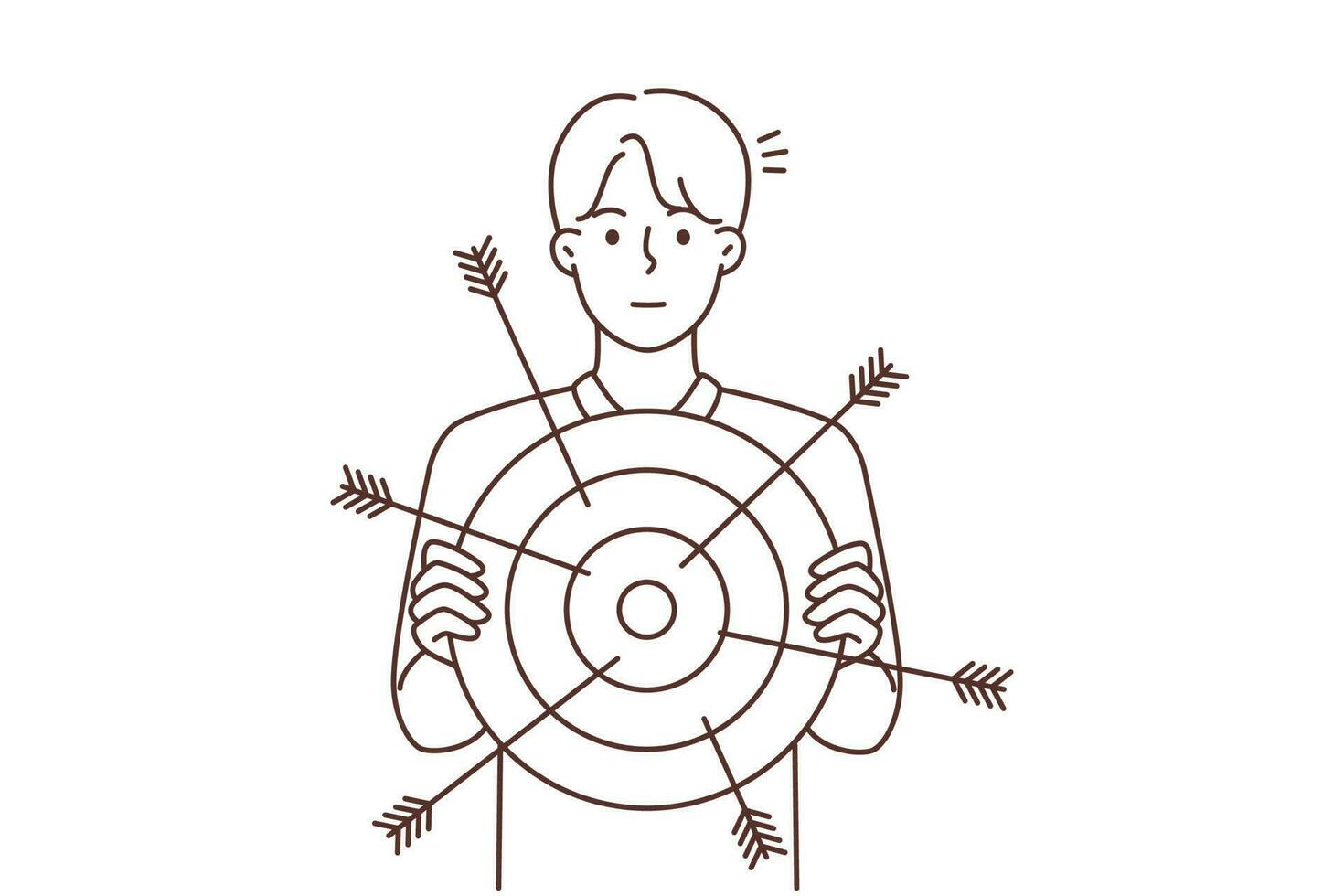 Young businessman with target in hands for goal achievement. Male employee or worker with arrows on aim. Achieve success concept. Vector illustration.