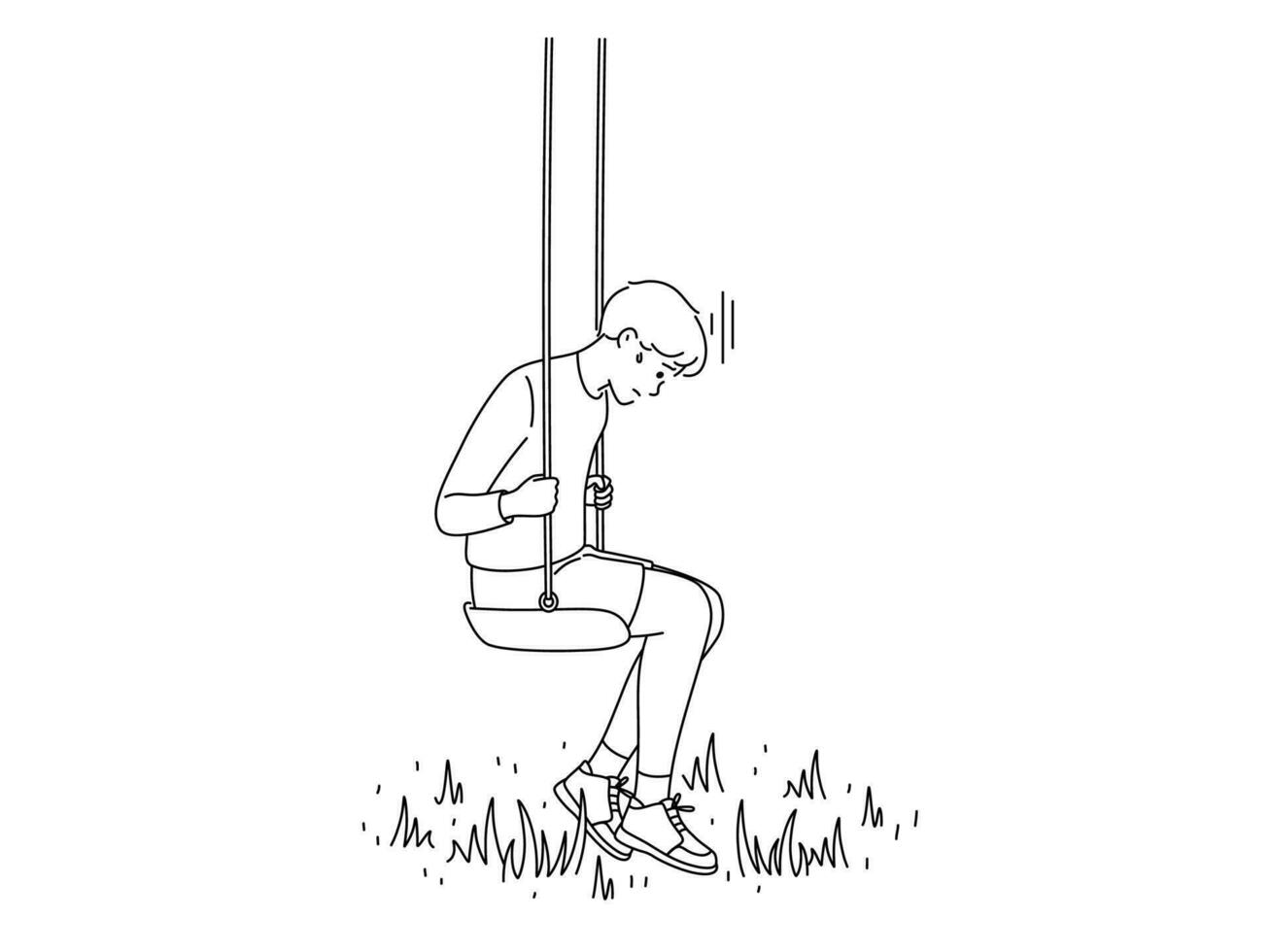 Sad small boy sit on swing suffer from loneliness or solitude. Unhappy little kid struggle with bullying or feeling lonely and abandoned. Vector illustration.