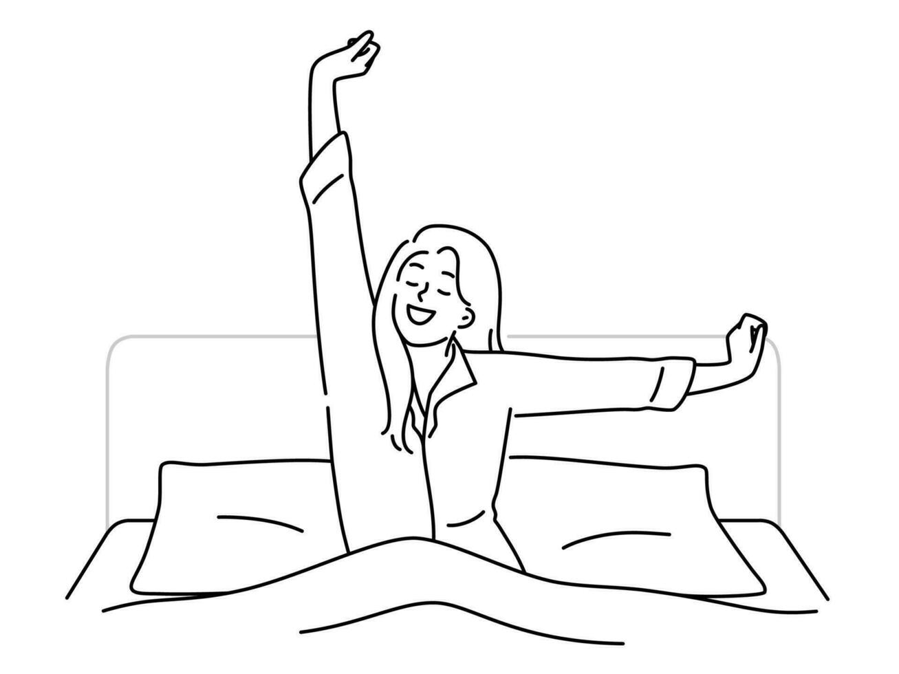 Happy young woman stretch waking up in bed at home. Smiling girl enjoy good morning in bedroom. Relaxation concept. Vector illustration.