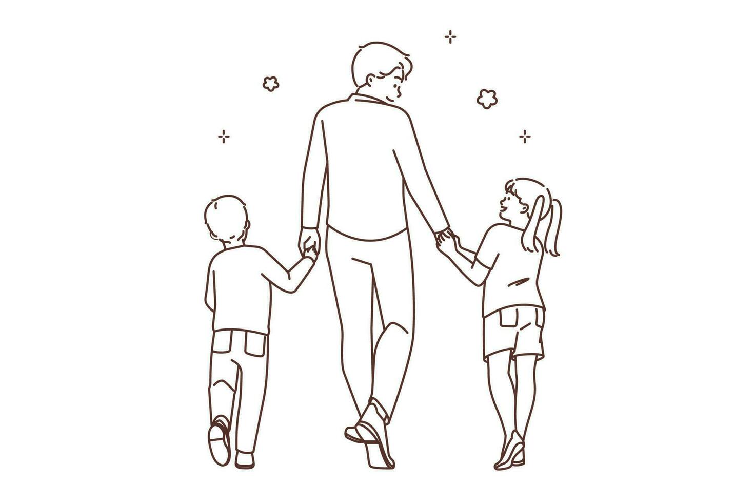 Loving father walking outdoors with kids. Caring young dad and little children holding hands enjoy family time together. Fatherhood. Vector illustration.