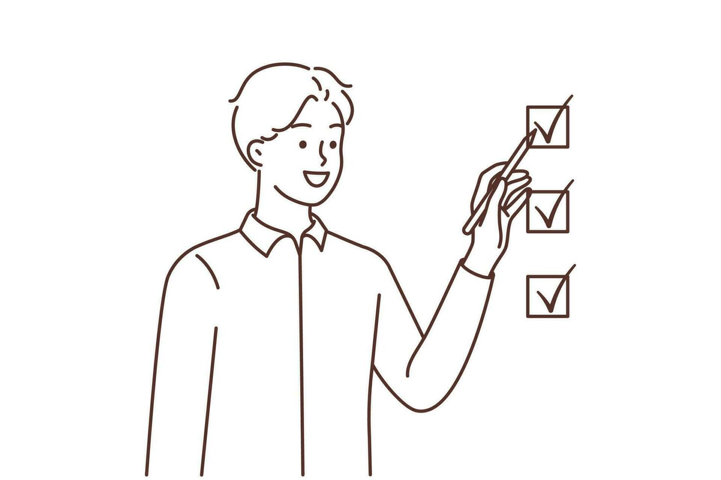 Smiling young man check boxes accomplish tasks. Happy confident male marking finished work list feel motivated. Vector illustration.