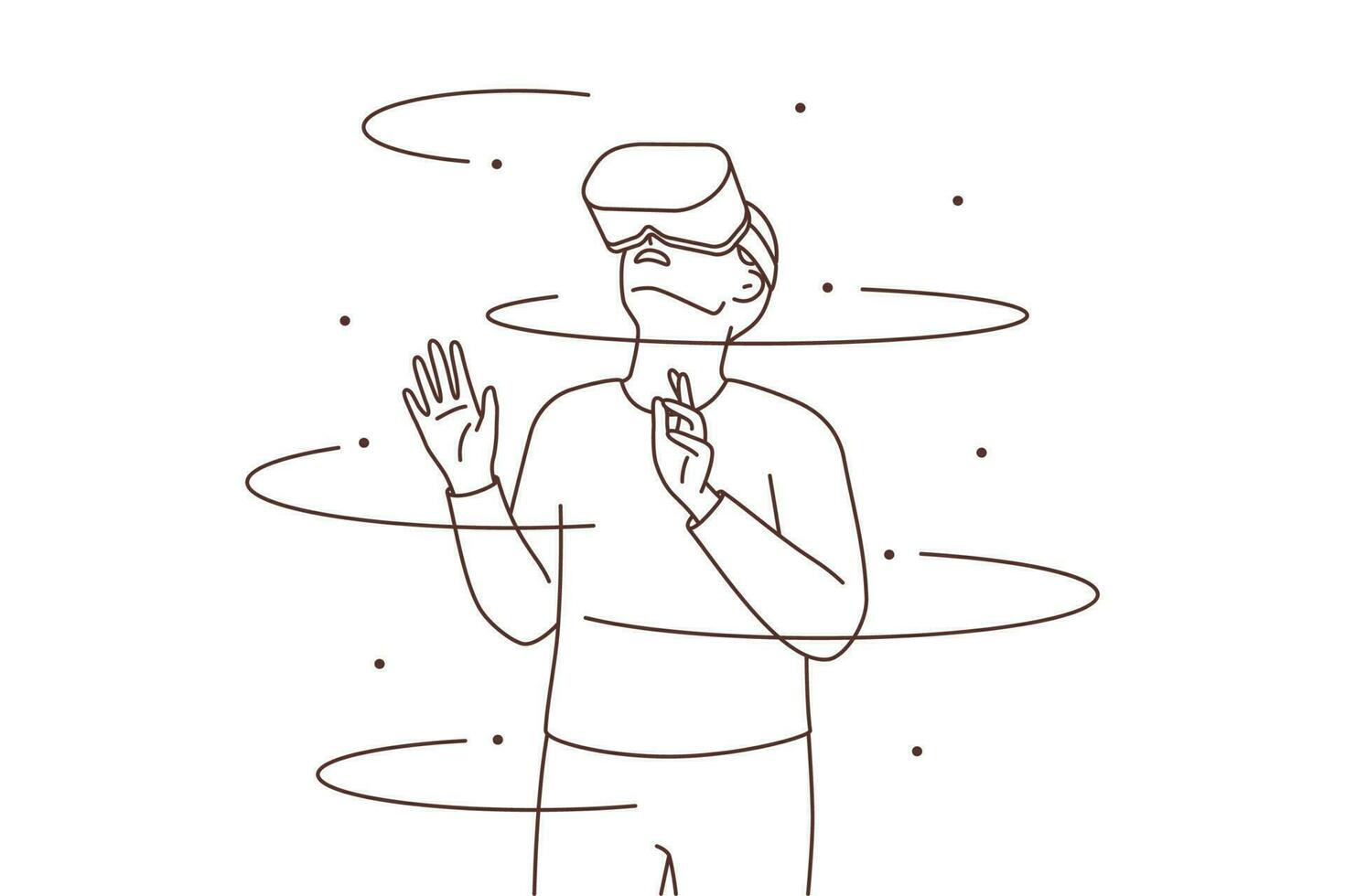 Man in VR glasses explore new technological surroundings. Male in virtual reality headset enjoy digital universe in modern gadget. Vector illustration.