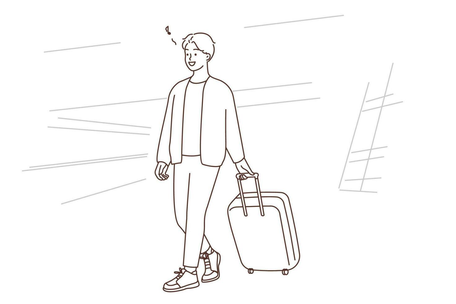 Smiling man with suitcase walking in airport ready for travel. Happy guy with baggage excited with vacation or holidays. Tourism concept. Vector illustration.
