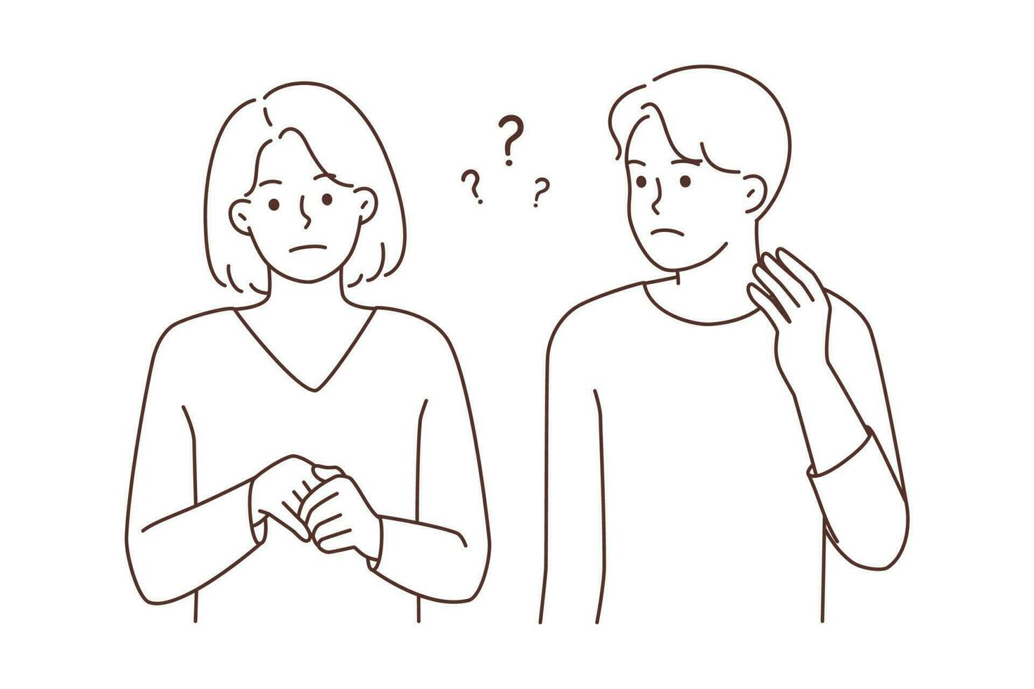 Frustrated couple having misunderstanding. Confused man and woman feeling frustration after fight or argument. Relationship problems. Vector illustration.