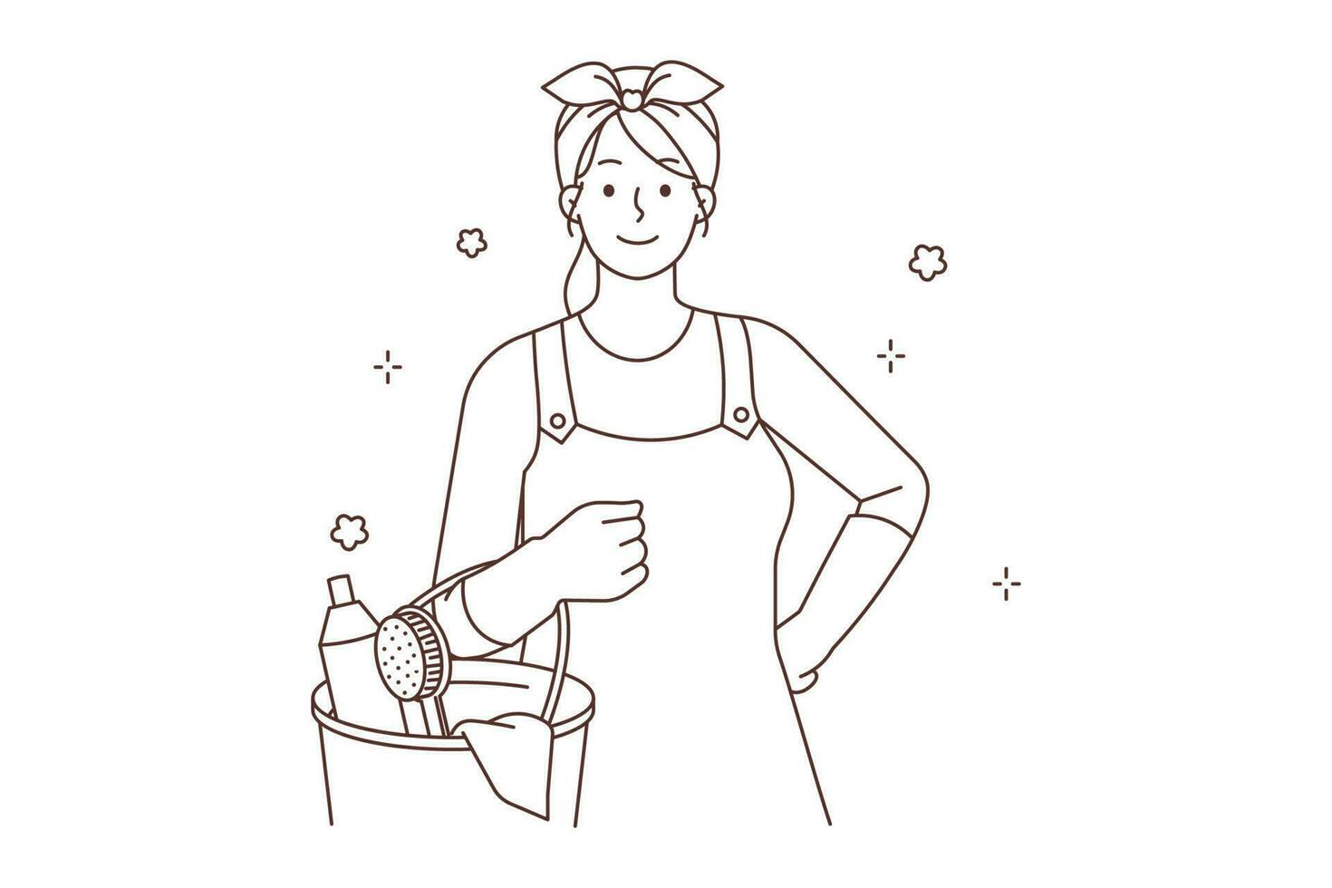 Smiling woman in uniform work in housekeeping service. Happy female housekeeper with clean bottles. Sanitor occupation. Vector illustration.
