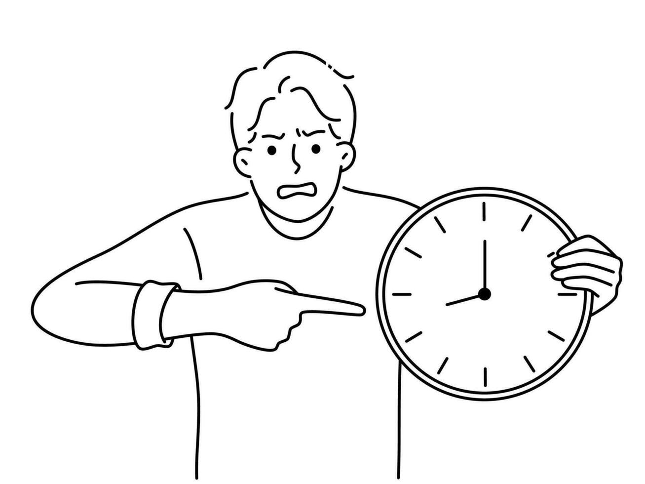 Furious man point at clock stressed with missed deadline. Mad male show with finger on watch distressed with bad time management. Vector illustration.