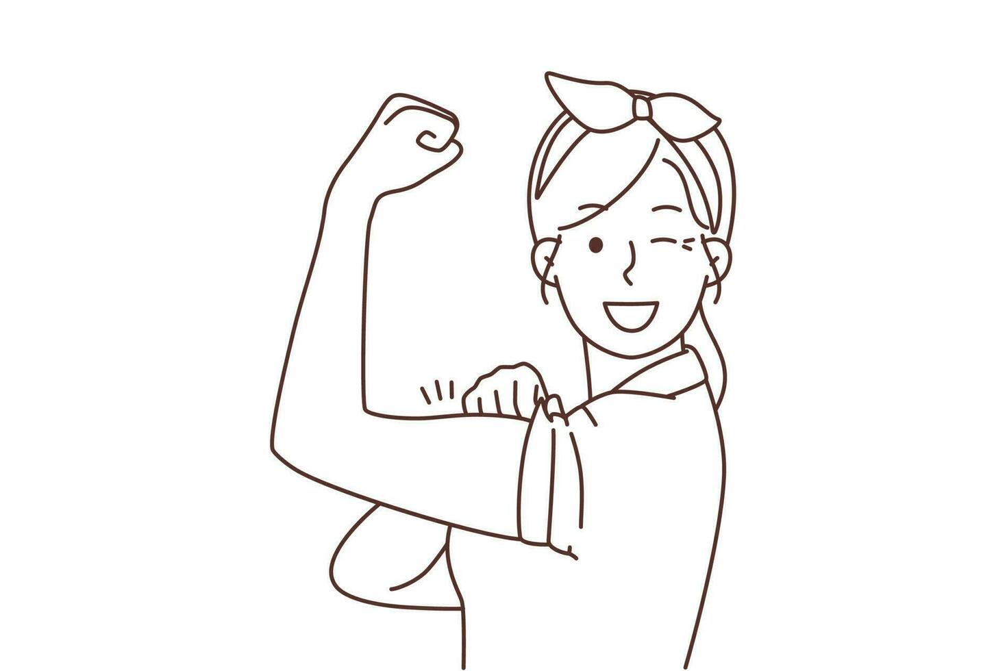 sonriente joven mujer espectáculo músculos sensación poderoso y fuerte. contento niña demostrar poder y fortaleza. hembra liderazgo y éxito. vector ilustración.