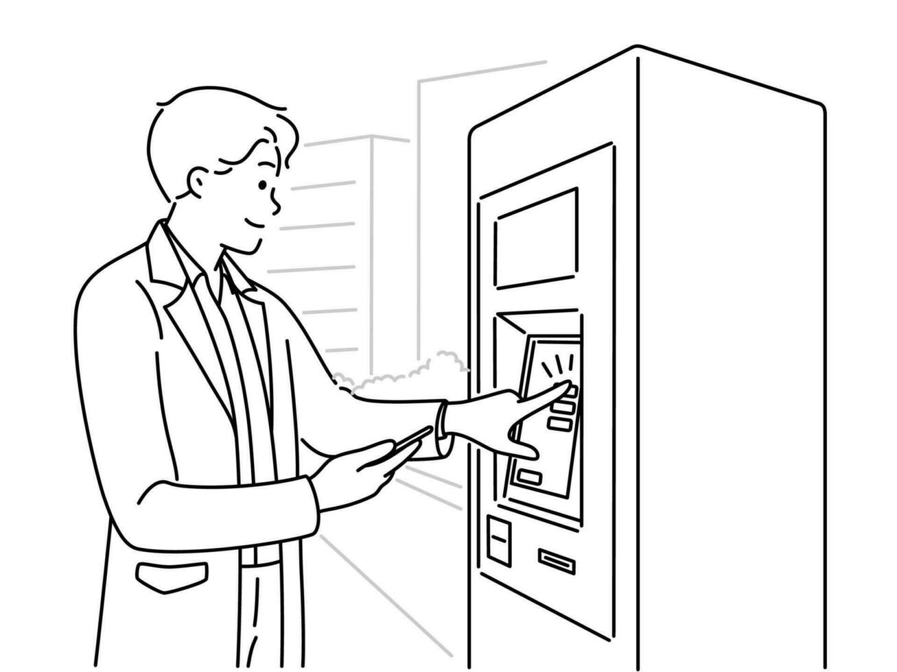 Young man buy ticket in machine at railway station. Smiling male press buttons using automat for tickets at stop. Vector illustration.