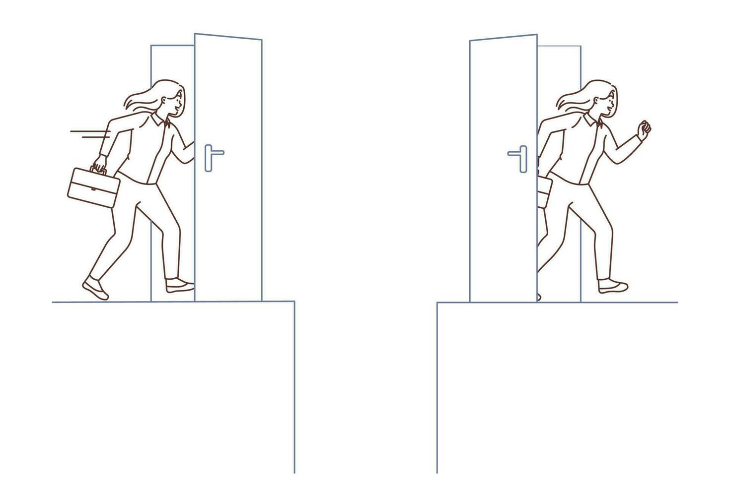Smiling businesswoman walk shortcut door find solution to business problem. Successful woman brainstorm solve trouble. Creativity concept. Vector illustration.