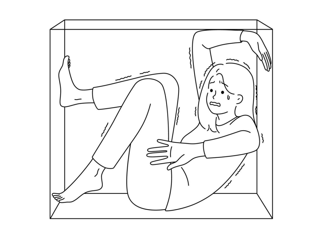 Stressed young woman sit in box scared of closed space. Unhappy distressed female have panic attack locked in glass box. Vector illustration. Mental health problems.