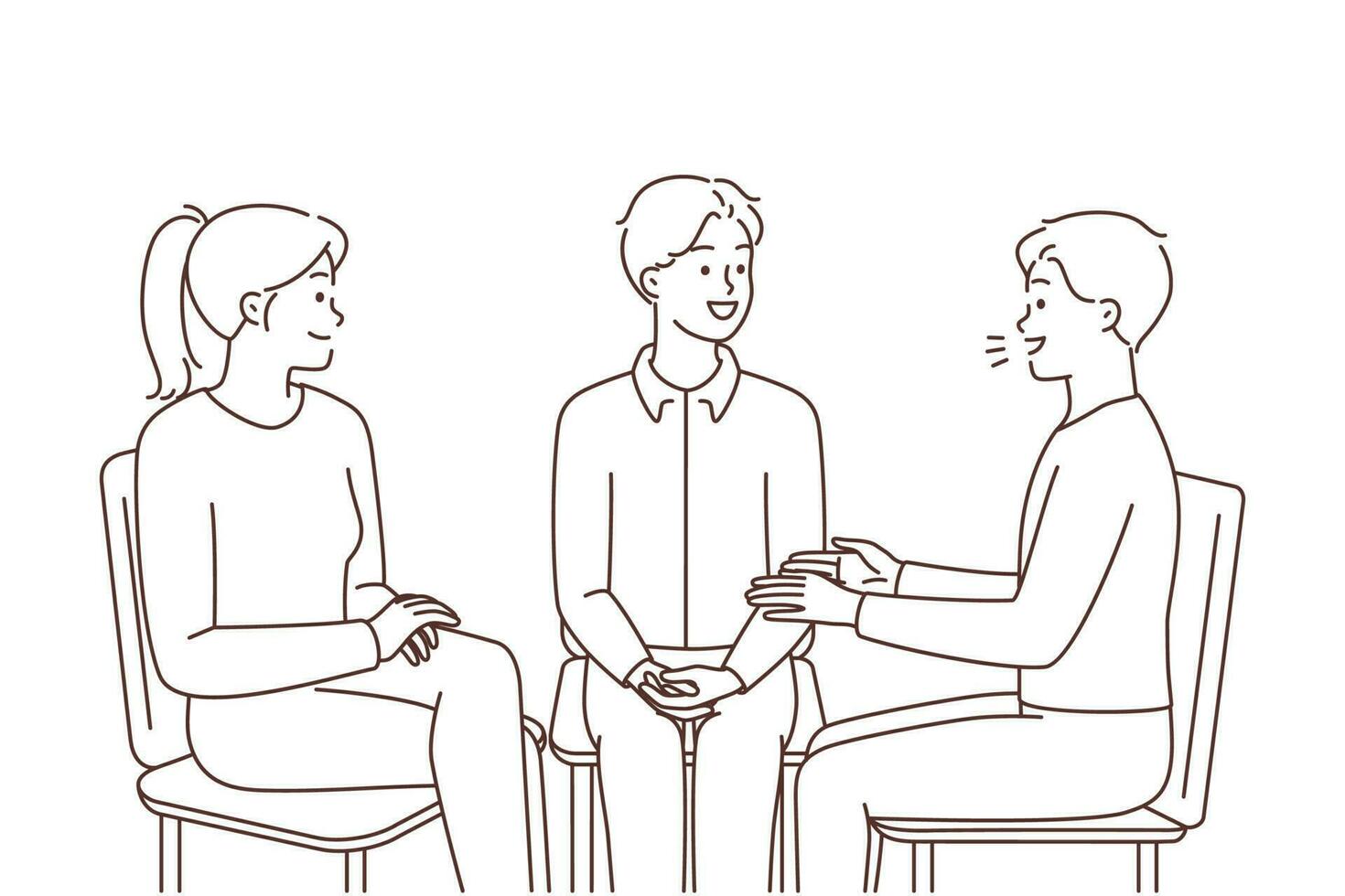 Smiling people sitting in circle talking or sharing ideas. Happy men and women during psychological session or teambuilding indoors. Communication. Vector illustration.