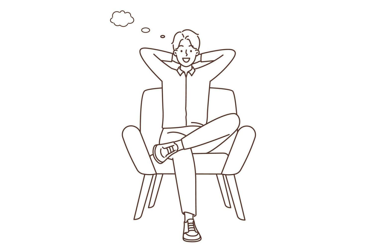 Smiling young man sit on chair thinking. Happy male relax in armchair with speech bubbles above head. Brainstorm and relaxation. Vector illustration.