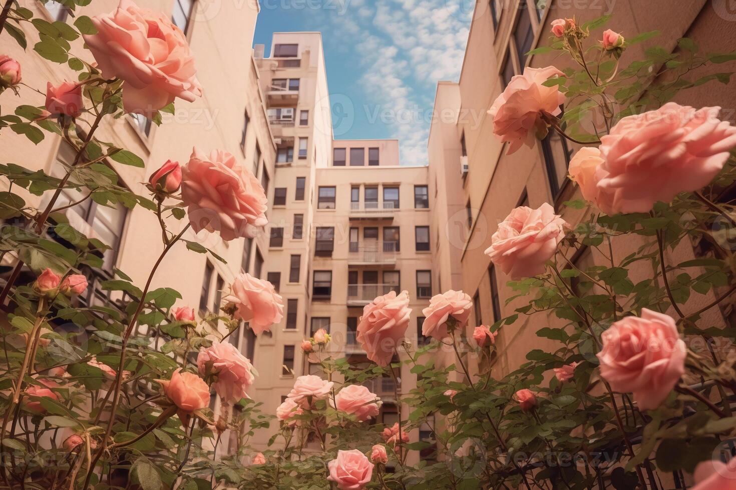 Illustration of roses blooming between buildings. photo