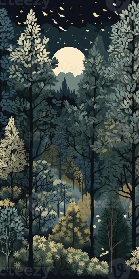 Night forest pattern, minimal, graphic poster design. photo