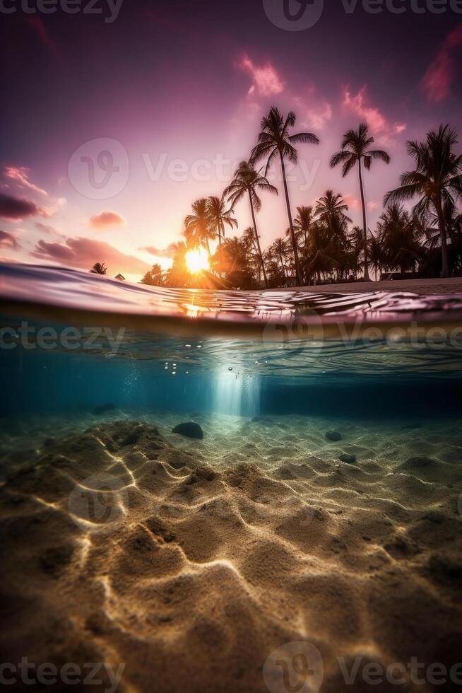 Photograph of beautiful inviting beach scene with purple sunset sky. photo