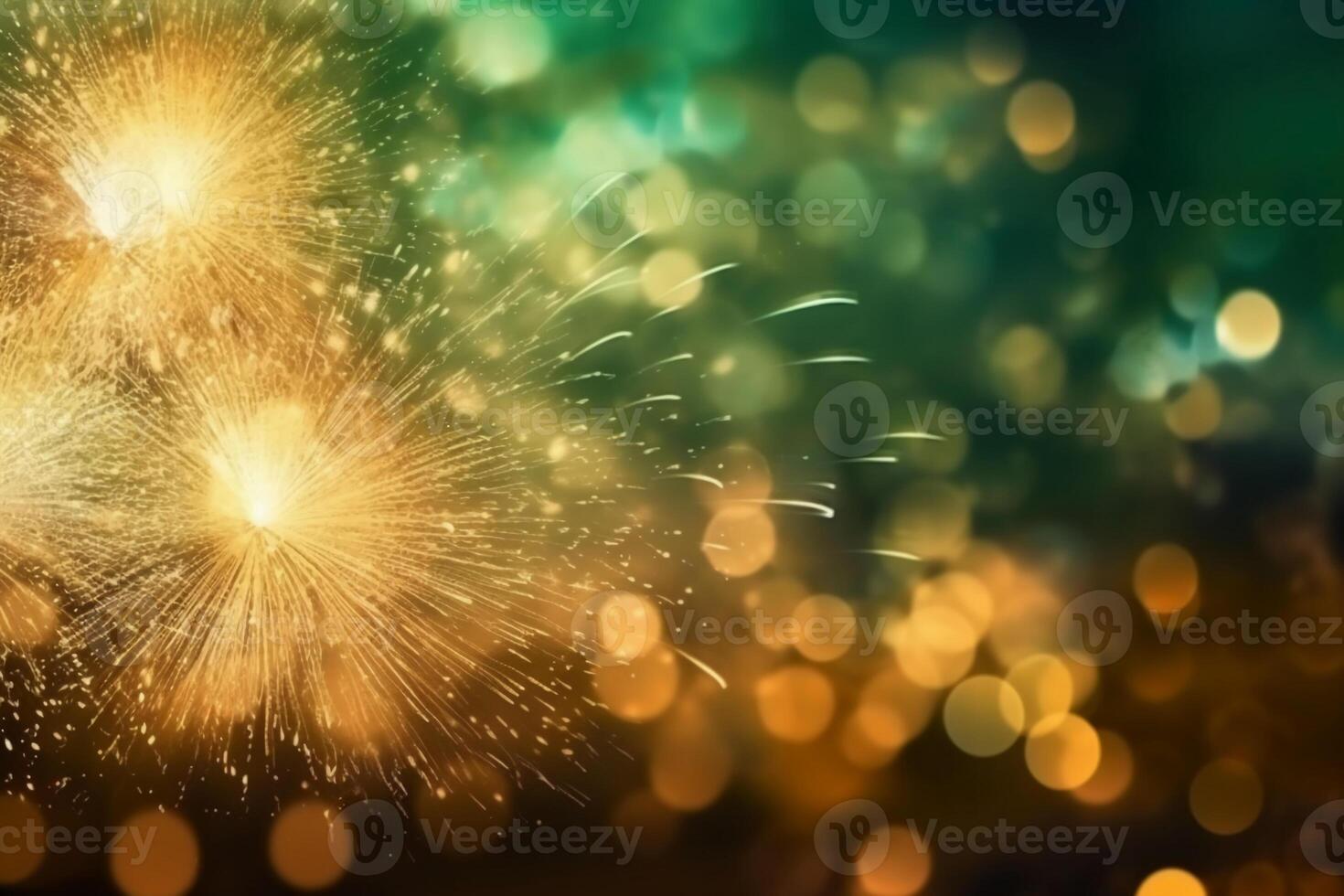 Gold and green Fireworks and bokeh in New Year eve and copy space. Abstract background holiday. photo