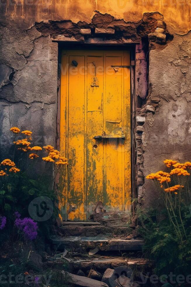 Image of a stone door with plants and Yellow door. photo