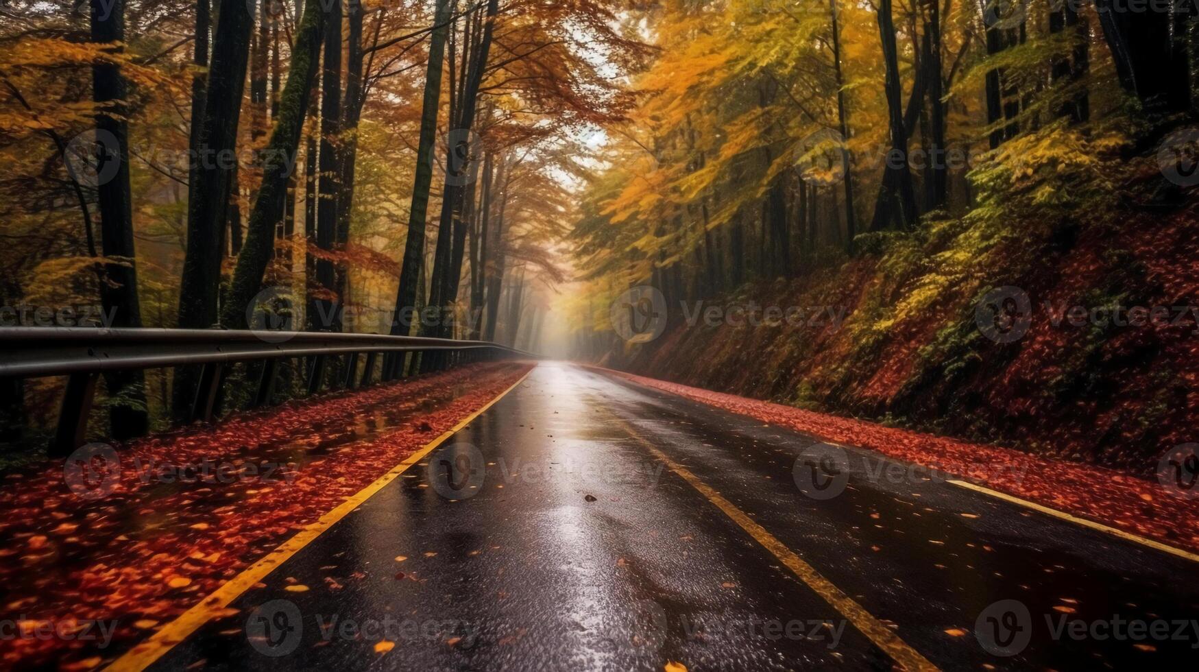a beautiful long road in autumn season is lined with trees bearing colorful leaves. photo