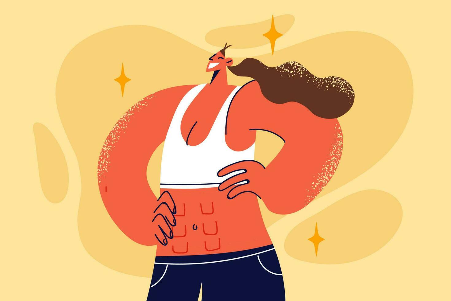 Smiling toned young woman in sportswear showing abs do sport. Happy sportive fit girl demonstrate good figure after workout or training. Vector illustration.