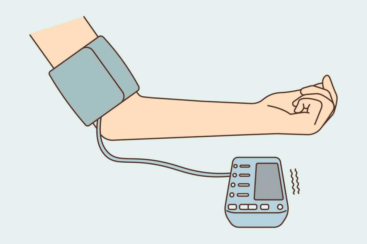 de cerca de paciente mano con sangre presión monitor comprobación ritmo cardiaco. insalubre persona con electrónico dispositivo corazón alto o bajo sangre presión. vector ilustración.