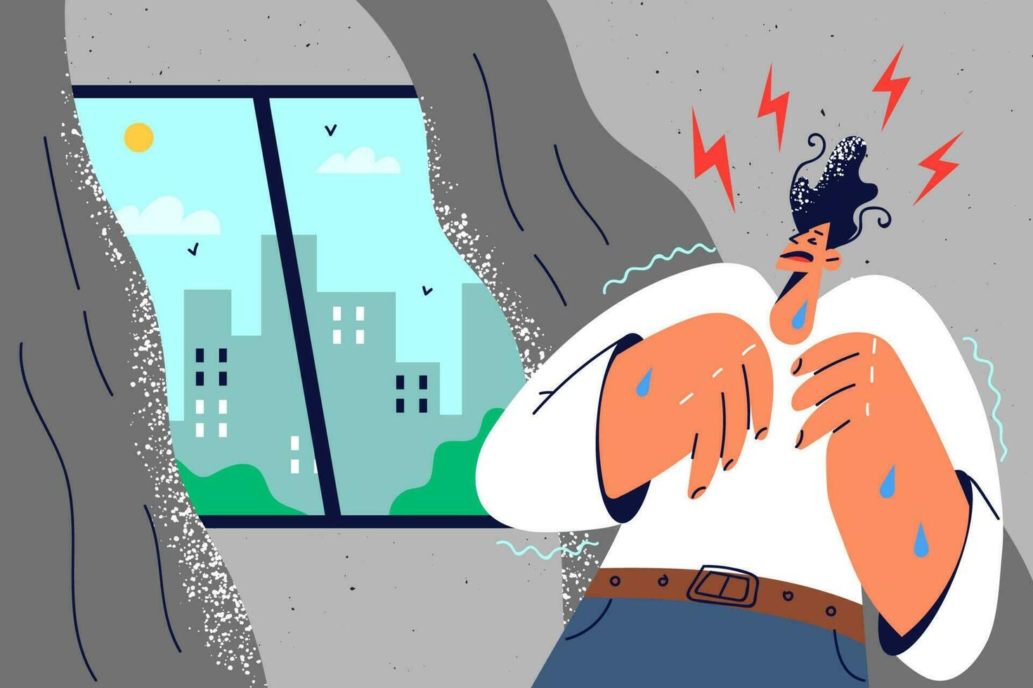 Unhappy stressed man look out of window suffer from sociophobia. Upset guy struggle with anxiety or panic attack stay at home. Vector illustration.