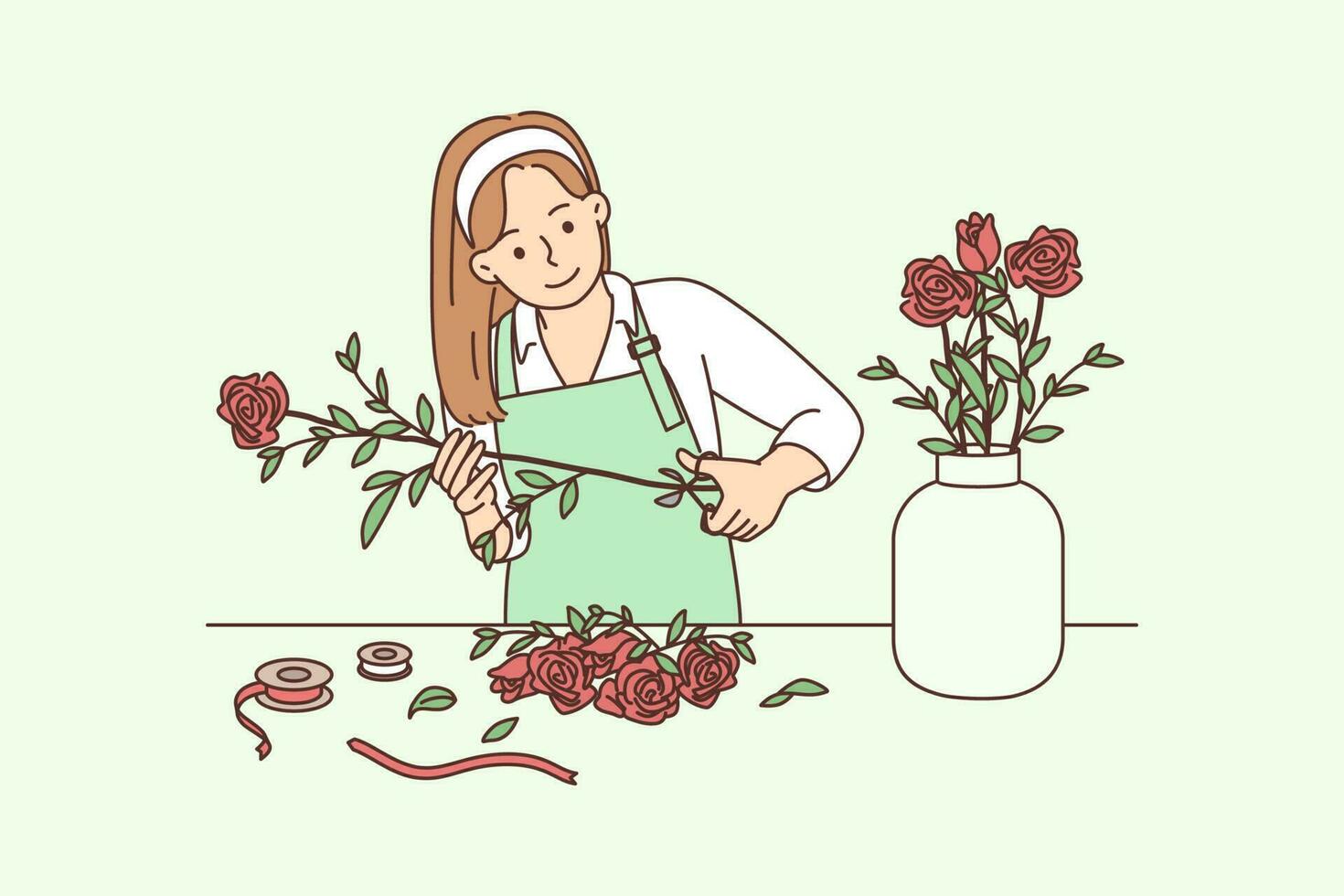 hembra florista trabajando con flores en taller. contento mujer jardinero corte rosas haciendo ramo de flores en tienda. vector ilustración.