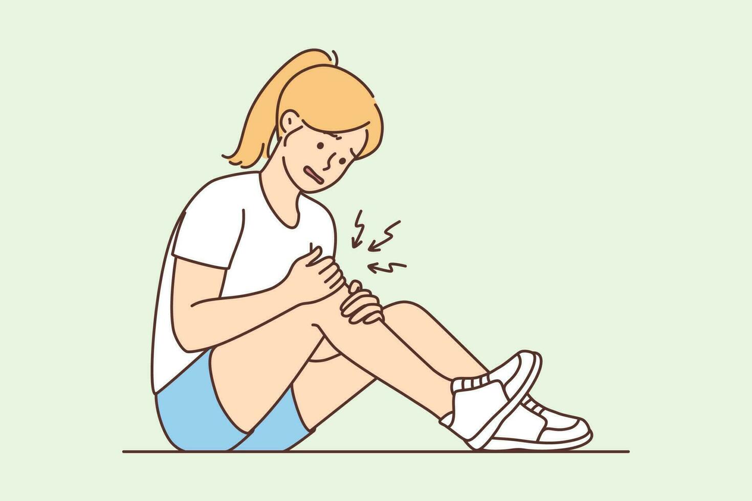 Unhealthy girl sit on ground suffer from knee pain. Unhappy unwell woman struggle with leg injury or trauma. Vector illustration.