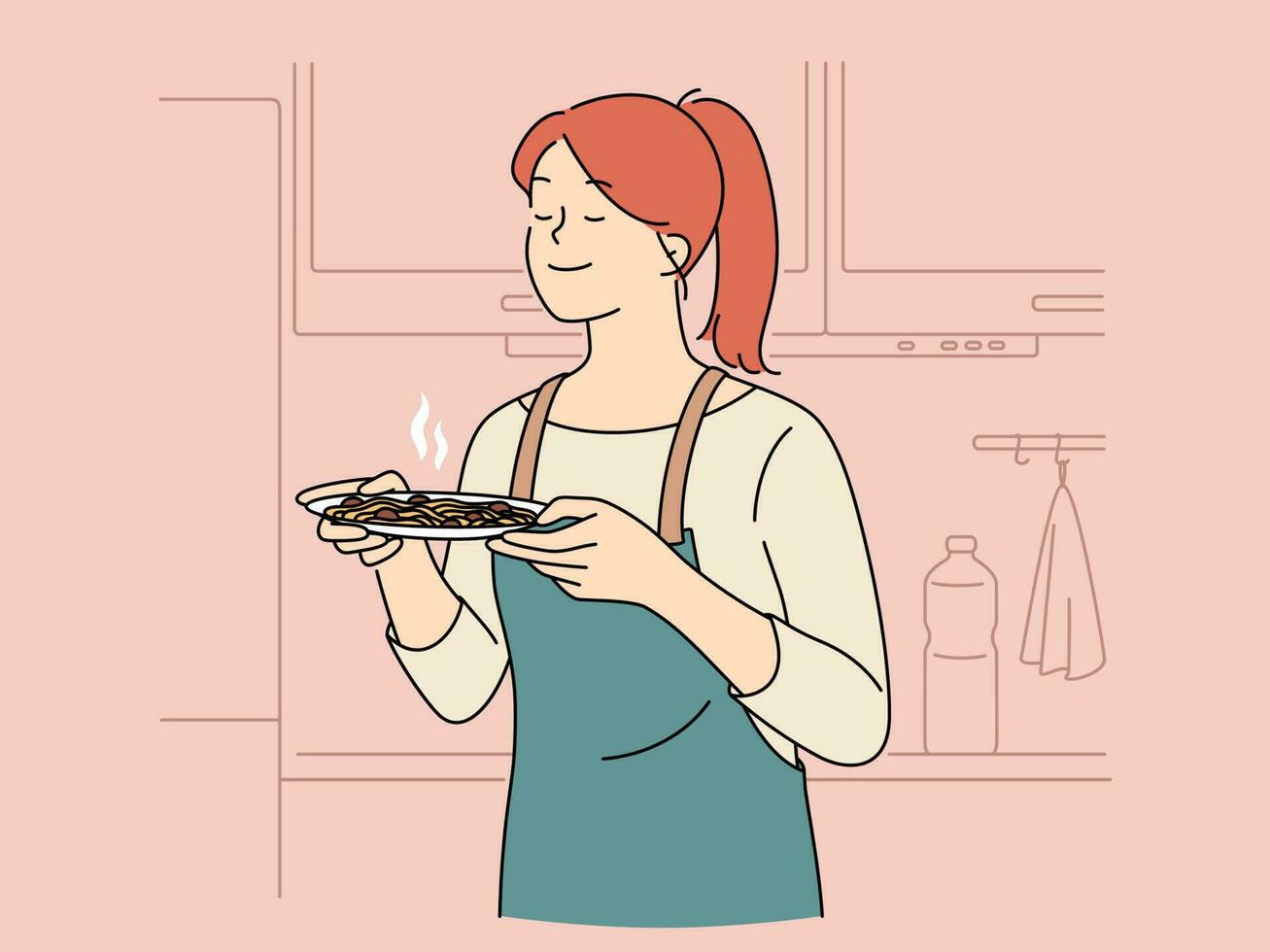 Happy woman in apron smell food in kitchen. Smiling satisfied girl cooking at home enjoy delicious meal preparation. Vector illustration.