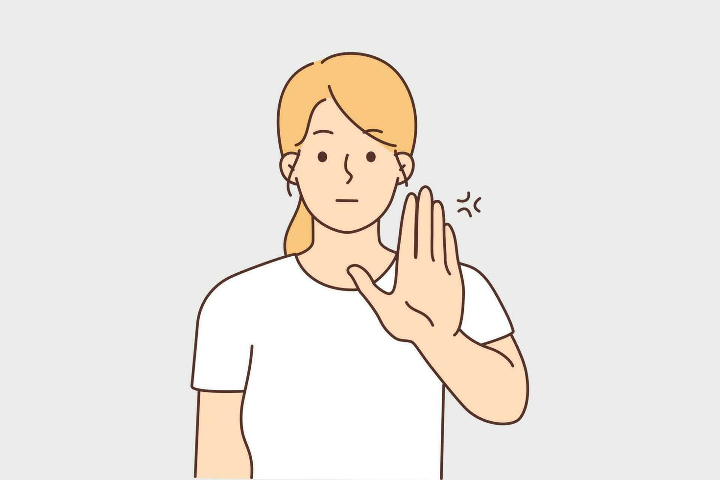 Young woman show stop hand gesture protest or reject something. Female demonstrate no sign showing rejection or refusal. Nonverbal communication. Vector illustration.