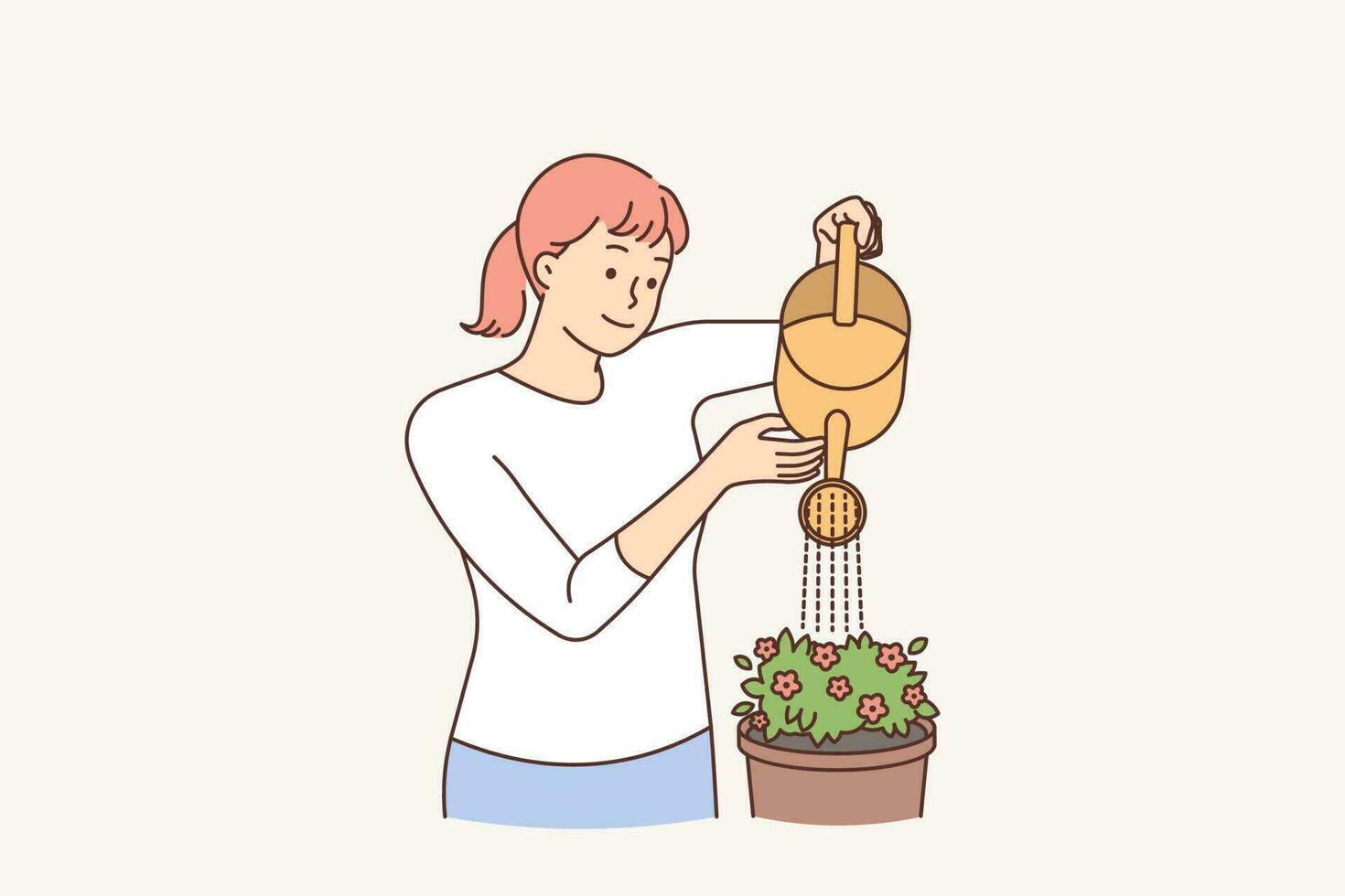 sonriente joven mujer riego flores a hogar. contento niña participación agua lata tomar cuidado de planta de casa en maceta. jardinería concepto. vector ilustración.