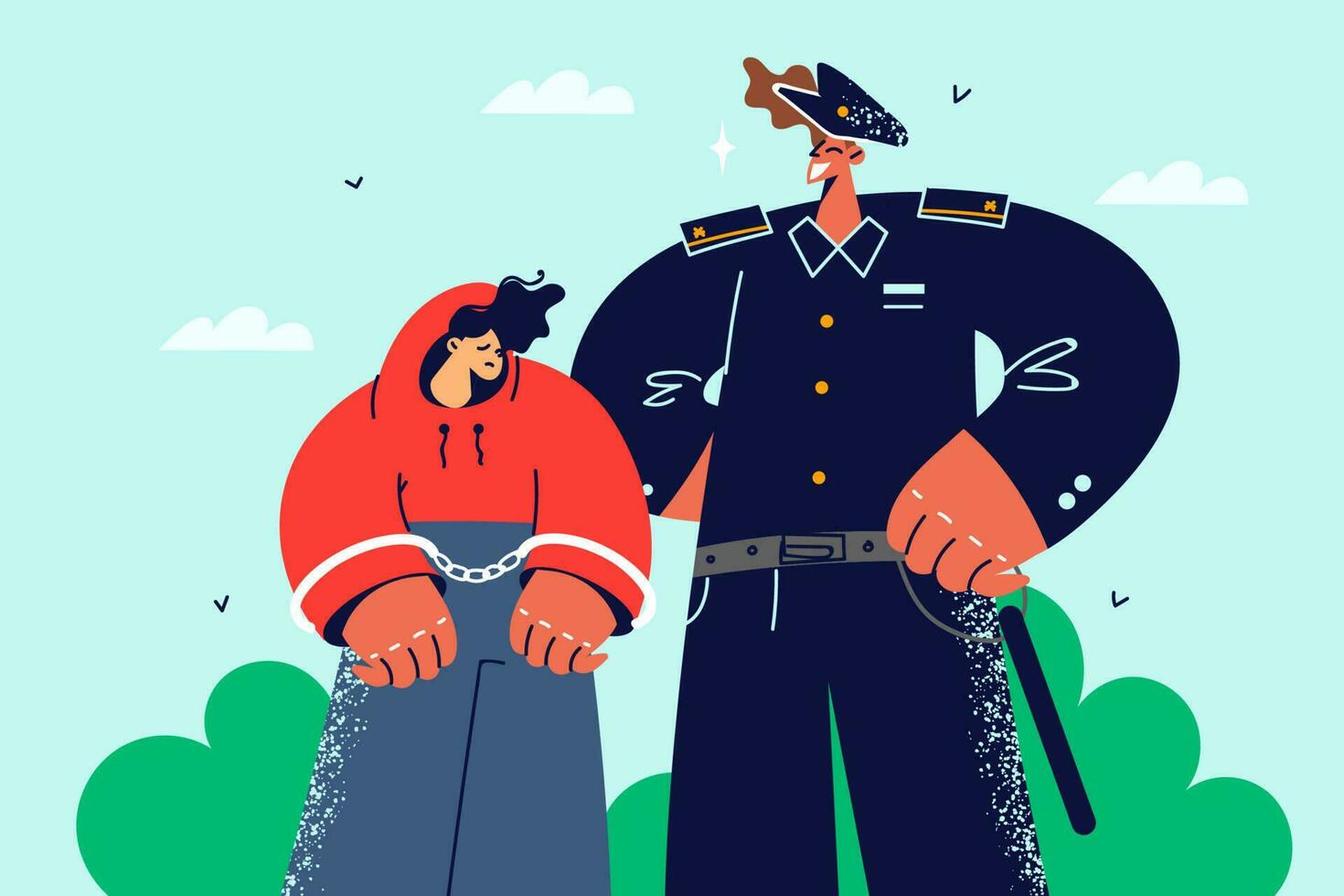 policía oficial captura niño delincuente poner en puños policía arrestar nada mal educado adolescente niño. juvenil y menor de edad delito. vector ilustración.