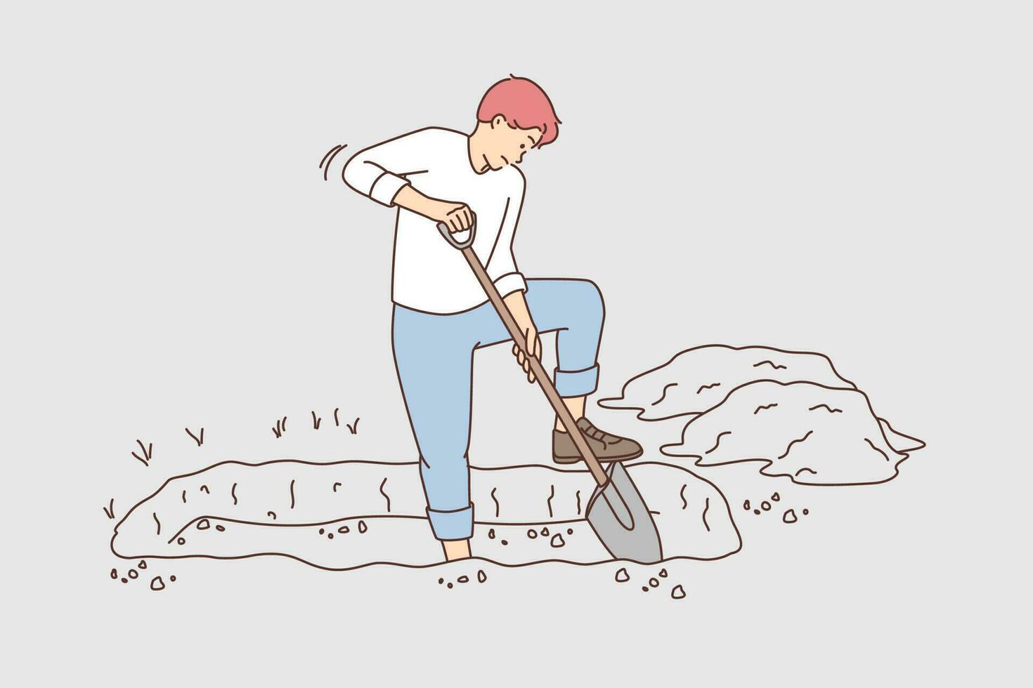 Young man digging grave. Unhappy male work on cemetery ground. Death and funeral. Vector illustration.