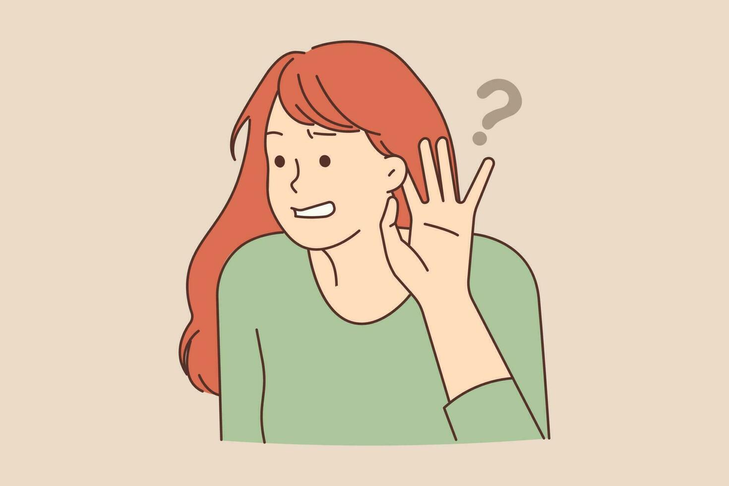 joven mujer sensación confuso escuchando a oculto o secreto información. frustrado niña hacer mano gesto escuchando a chisme o rumores. vector ilustración.