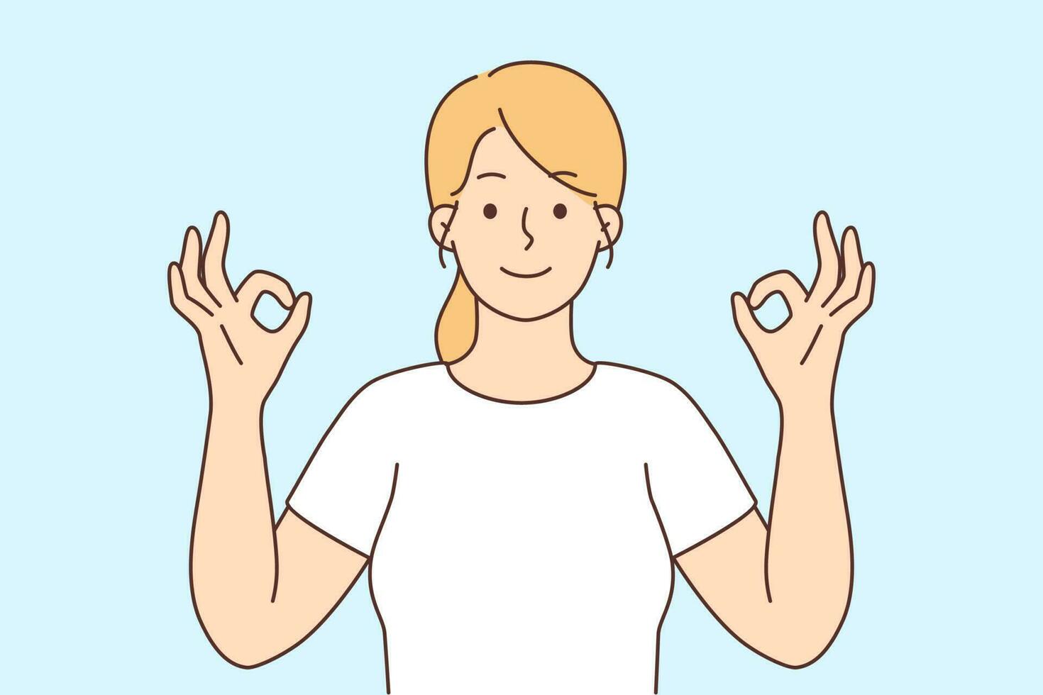 Smiling young woman with mudra hands mediating relieve negative emotions. Happy girl practice yoga engaged in stress relief technique. Vector illustration.
