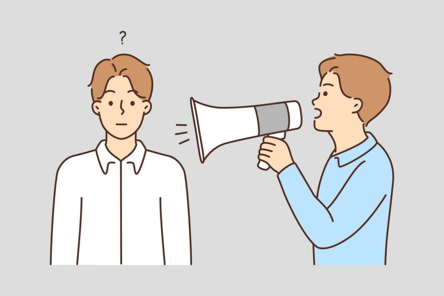 Man with loudspeaker scream in frustrated friend ear. Guy with megaphone shout at confused male. Vector illustration.
