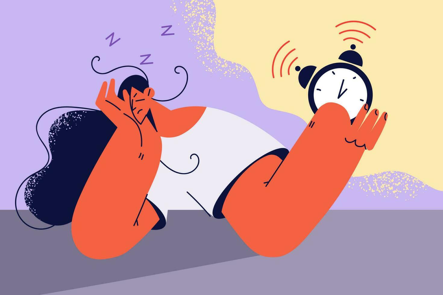 Tired woman in bed turn off alarm ringing. Unhappy exhausted female stressed with clock signal in morning. Vector illustration.