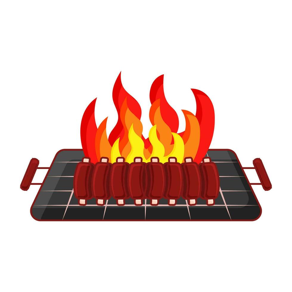 Rib Roast On Flaming Barbecue Grill On White Background. vector