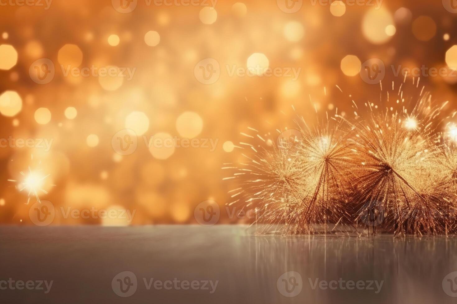 Gold and silver Fireworks and bokeh in New Year eve and copy space. Abstract background holiday. photo