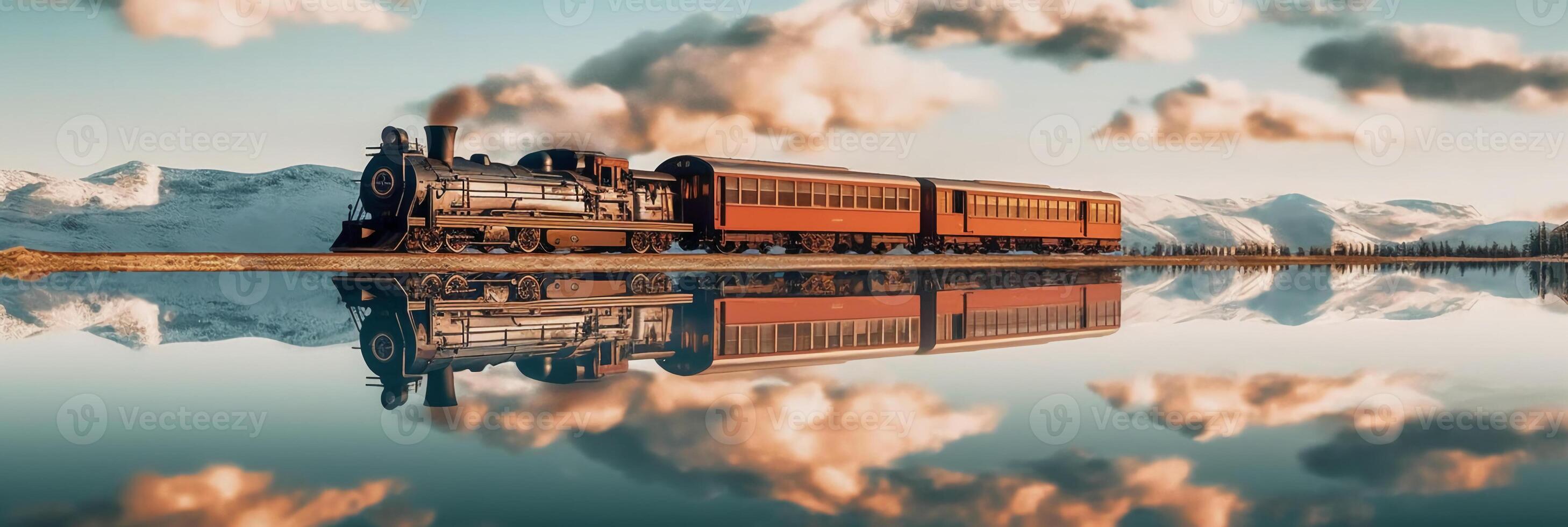 A train is traveling on lake, water surface reflects the sky. photo