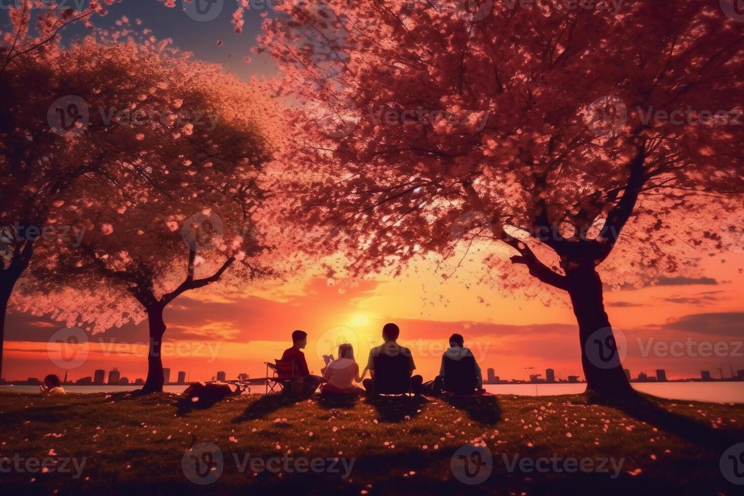 the silhouette of a family enjoying a picnic under a cherry blossom tree in sunset sky. photo
