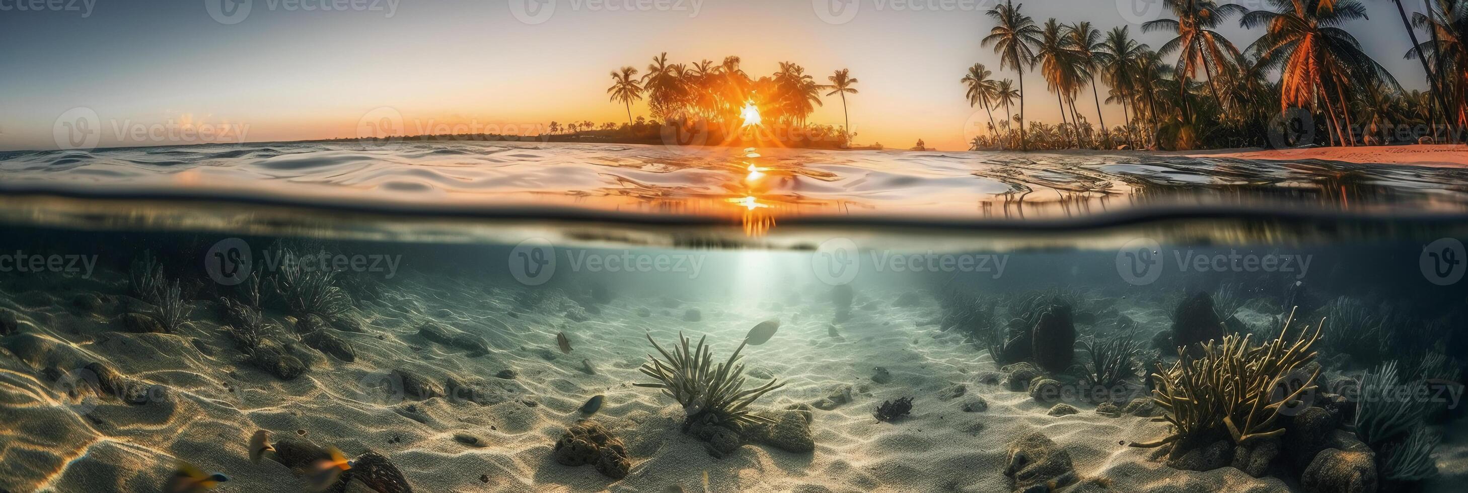 Photograph of beautiful inviting beach scene with sunset sky. photo
