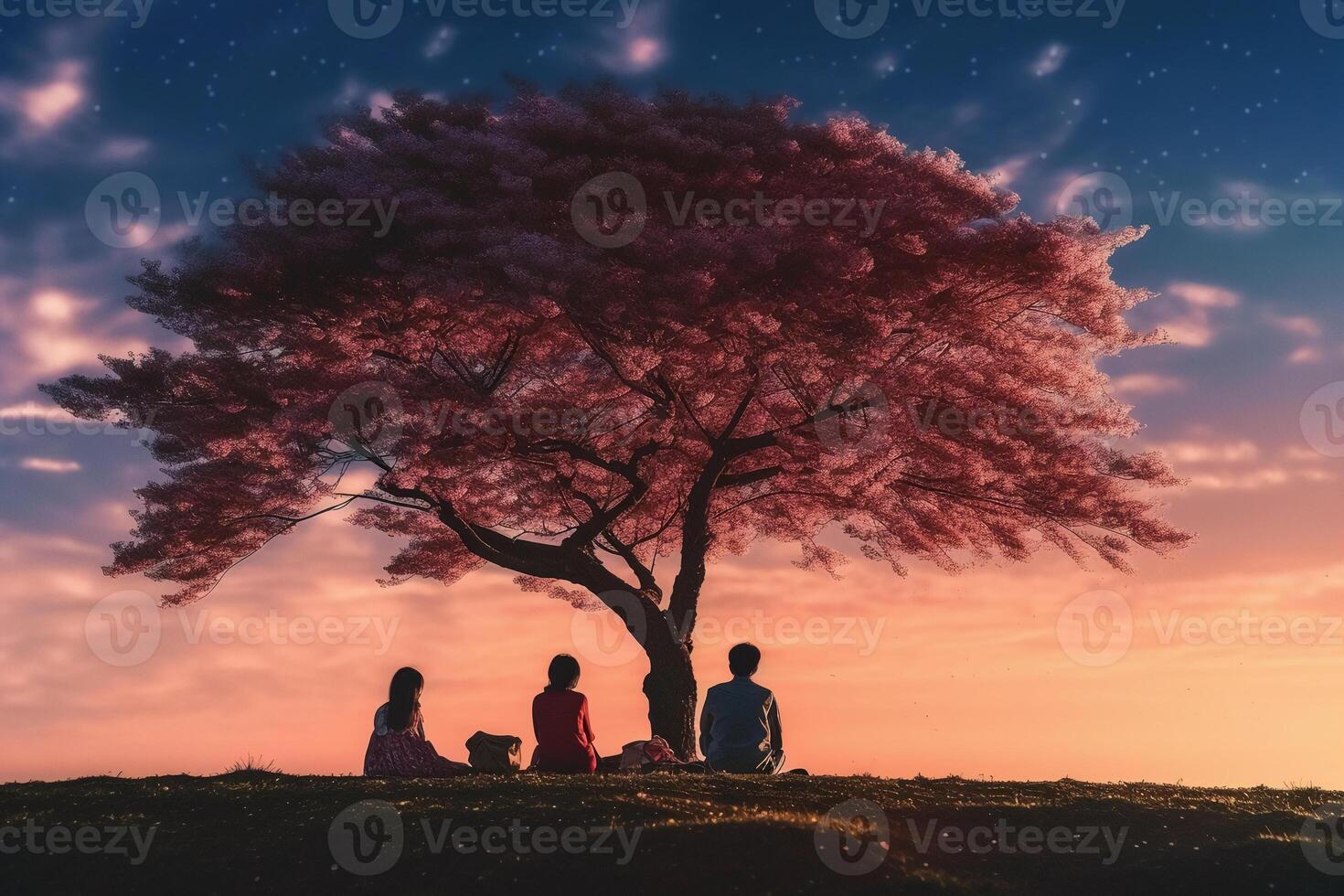 the silhouette of a family enjoying a picnic under a cherry blossom tree in sunset sky. photo